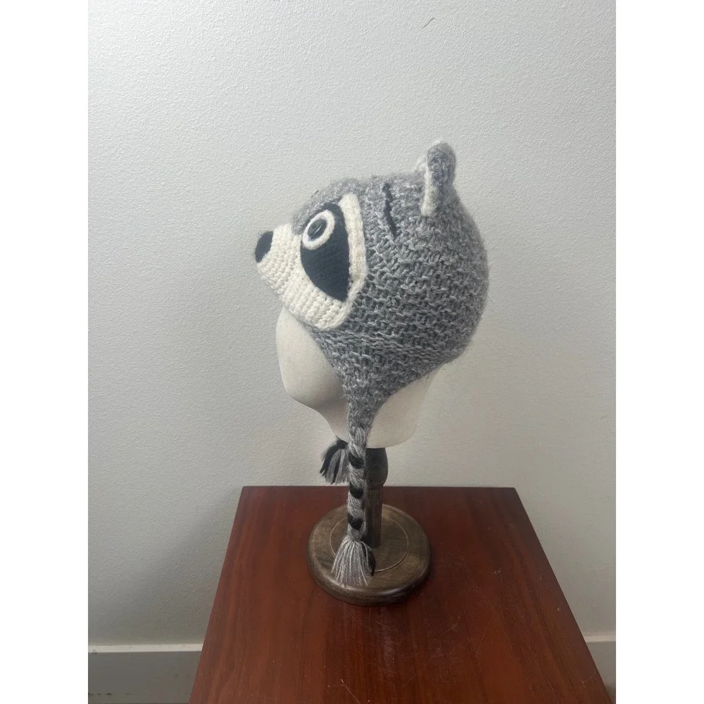 Kids Grey Jimothy Raccoon Hand Knit Animal Beanie Earflap Hat  Braided Tassels